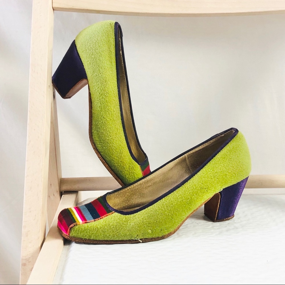 Suzhou Cobblers Garden Tea Heel Shoes Green Wool Felt Handmade Size EU 37 Y2K